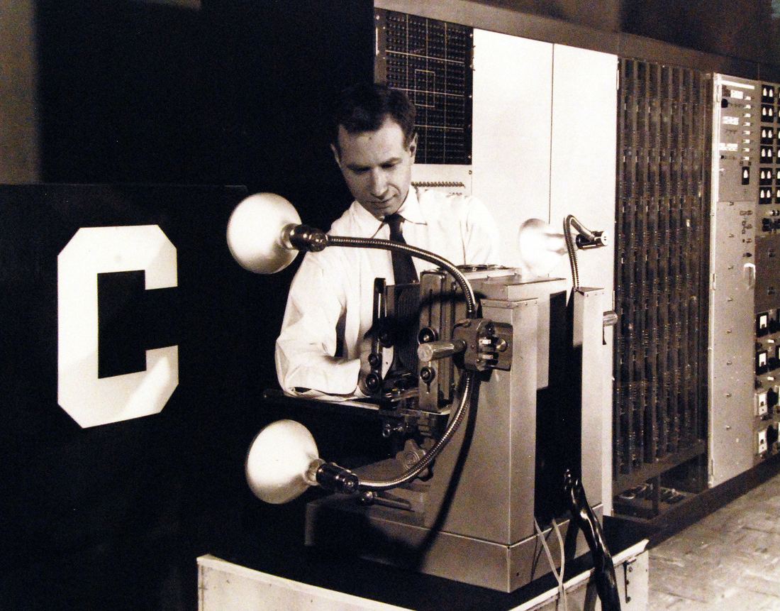 Black and white photo of the Mark I Perceptron machine with its wiring panel