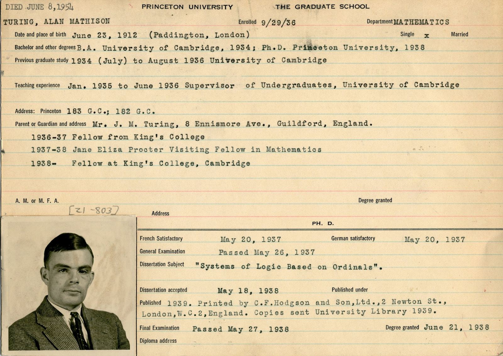 Alan Turing with colleagues at Princeton University in 1936