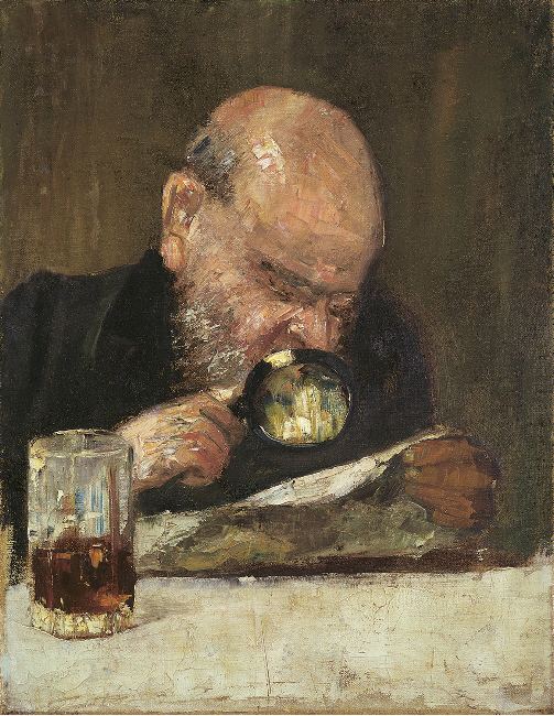 Painting of a man reading closely with a magnifying glass
